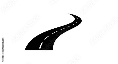 A curving black asphalt road with white dashed lines leading into the distance on a white background