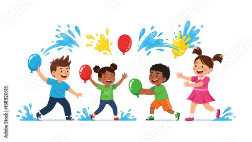Joyful Water Fight: A vibrant illustration captures a group of cheerful children playfully engaging in a spirited water balloon fight, full of fun.