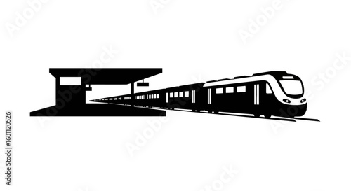 Modern electric train arriving at a sleek silhouette station platform on a white background