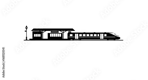 Modern high speed train arriving at a classic train station platform in silhouette