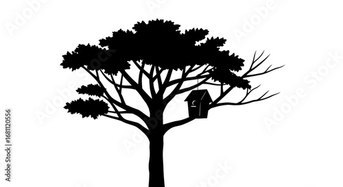 Silhouette of a large tree with a small wooden birdhouse nestled among its branches against a white background