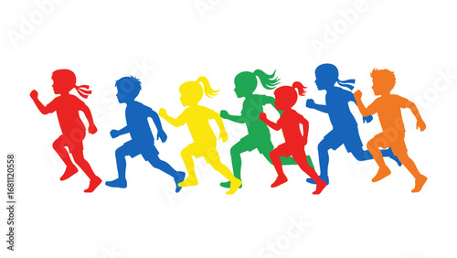 Colorful Marathon of Youth: A vibrant illustration depicts a spirited group of diverse children racing together, embodying energy, determination, and unity in their colorful stride.