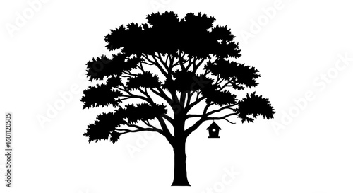 Silhouette of a large deciduous tree with a birdhouse hanging from a branch against a white background