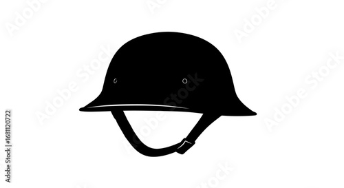 Classic black silhouette of a british police helmet with chin strap on a white background