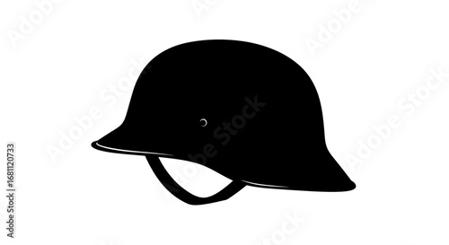 Classic black silhouette of a traditional british police helmet with chin strap on a white background