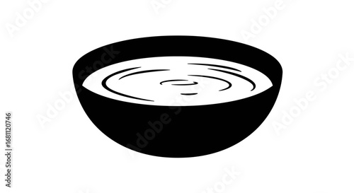 Simple black and white illustration of a bowl filled with a creamy white liquid or sauce isolated on white