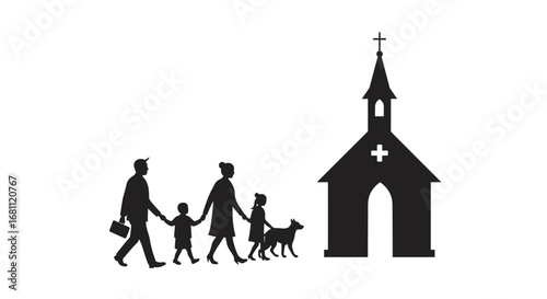 Family with dog walking towards a church building with a cross on top symbolizing faith and community