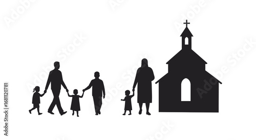 Diverse family silhouettes walking together towards a christian church building with a cross on top