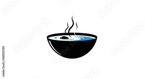 A steaming bowl of dark liquid with a single splash and wisps of steam rising against a white background