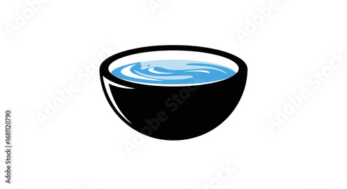 A simple black cup filled with clear blue water with gentle ripples and waves on a white background