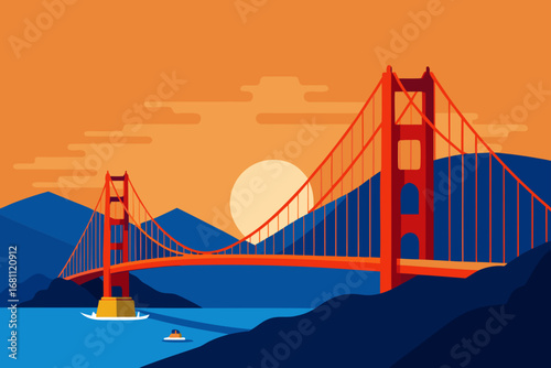 Golden gate bridge at sunset with minimalist style