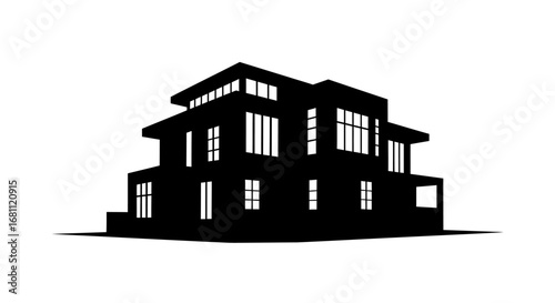 Modern black silhouette of a multi story residential house with large windows and a flat roof