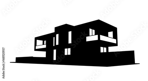 Modern minimalist architectural house design in black and white silhouette with clean lines and balconies
