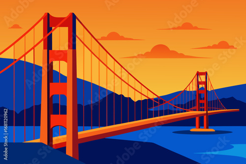 Stylized golden gate bridge at sunset with orange sky and blue water