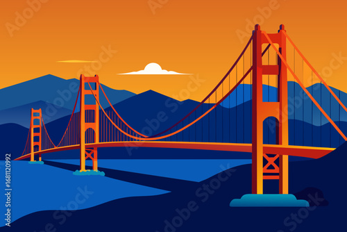 Stylized golden gate bridge at sunset with mountains