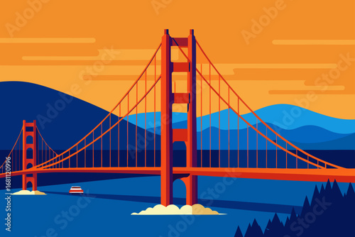 Stylized golden gate bridge at sunset with mountains and ocean