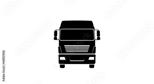 Front view silhouette of a modern black semi truck cab with headlights and grille on a white background