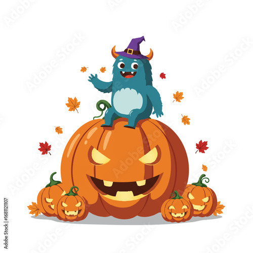A friendly cartoon monster sits happily on a giant pumpkin, surrounded by smaller smiling jack-o'-lanterns and colorful falling autumn leaves in a charming 2D flat vector illustration.