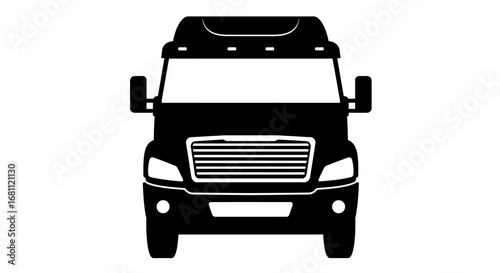 Front view silhouette of a modern black semi truck cab with chrome grille and headlights