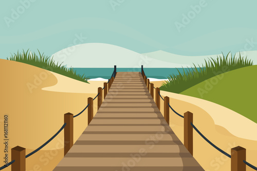 Wooden boardwalk leading to a serene beach and ocean