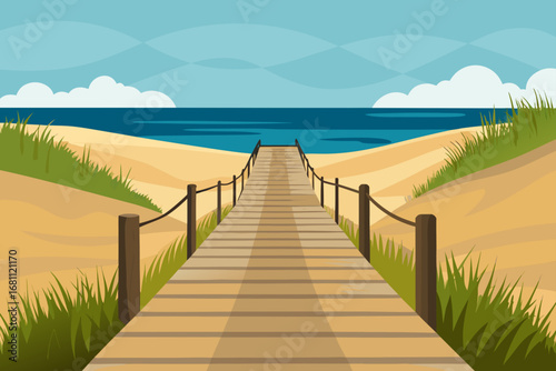 Wooden boardwalk leads to the ocean through sandy dunes