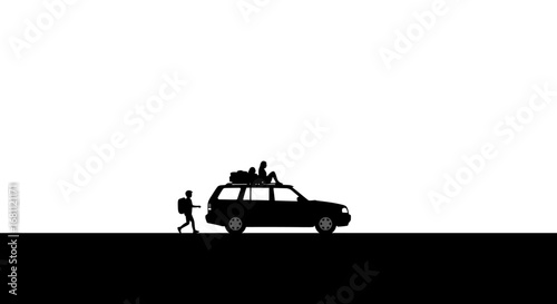 Silhouette of a person with a backpack standing next to a car loaded with luggage on a road trip adventure