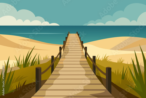Wooden boardwalk leading to the ocean on a sandy beach