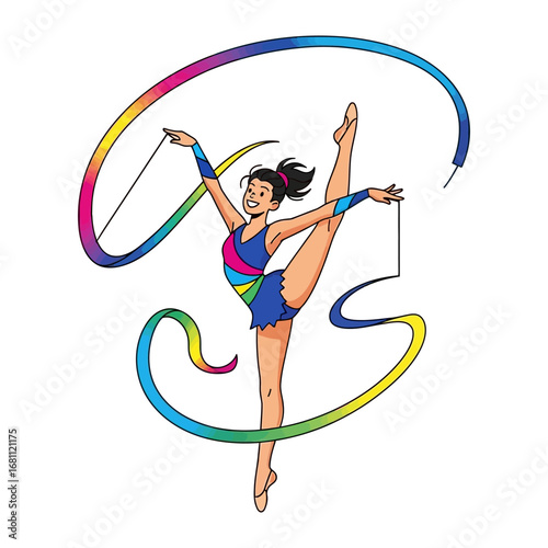 Graceful Rhythmic Gymnast: A vibrant illustration capturing a rhythmic gymnast performing a dynamic routine with a flowing ribbon, showcasing athleticism and artistry.