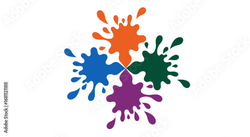Vibrant abstract paint splatters in a dynamic circular arrangement with bright colors and energetic splashes