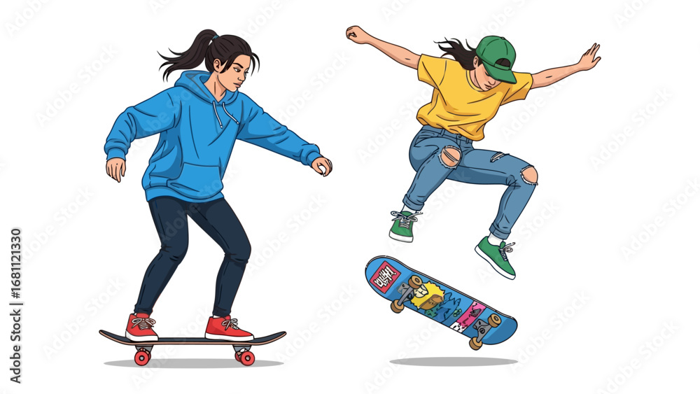 Obraz premium Skateboard Adventure: Two young female skillfully maneuver skateboards with grace and energy, showcasing their passion for skateboarding and vibrant lifestyle.
