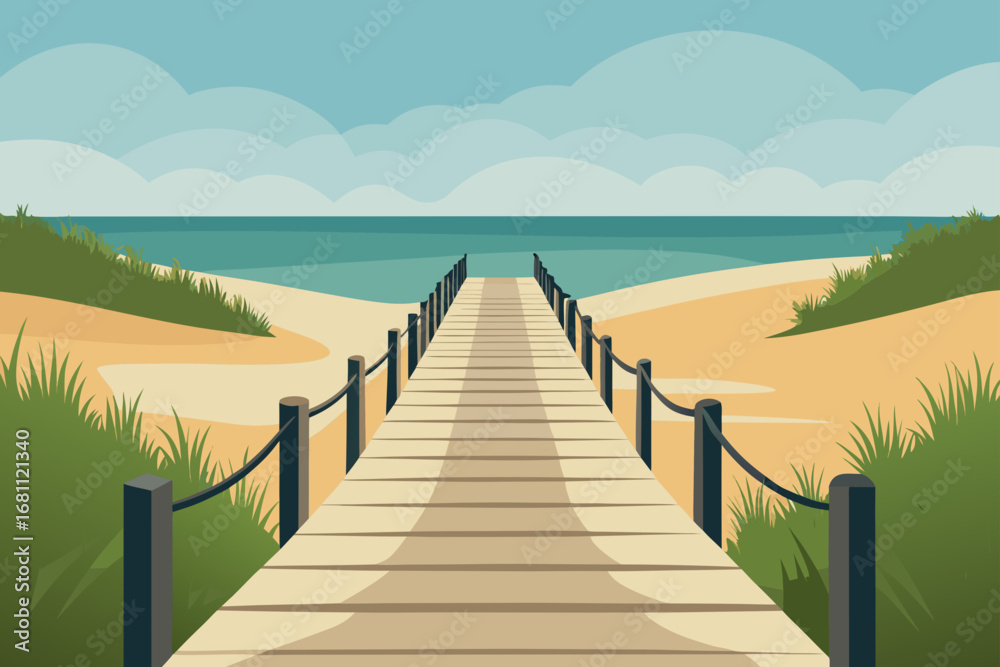 Fototapeta Wooden boardwalk leading to the ocean on a sunny day