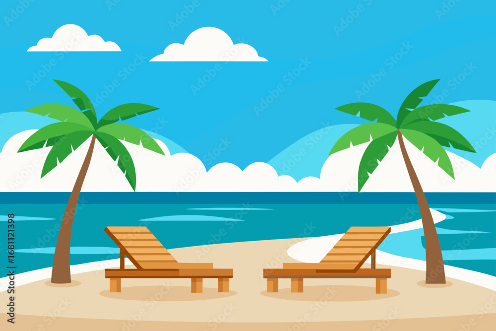 Obraz premium Two empty lounge chairs on a tropical beach with palm trees