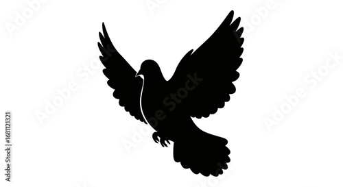 Silhouette of a black dove with wings spread wide in flight against a white background