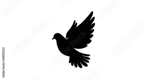 Silhouette of a black dove in flight with wings spread wide against a pure white background