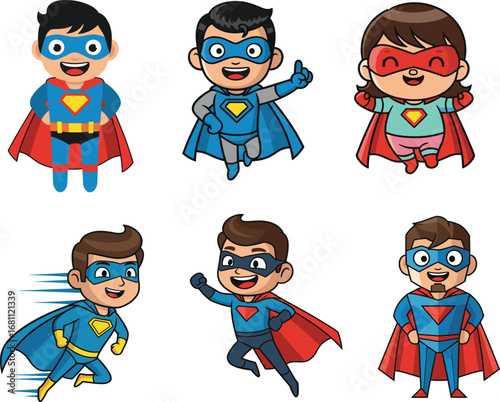 Cartoon children dressed as superheroes with colorful capes and emblems, playful poses, empowering character bundle for kids and merch
