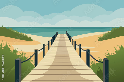 Wooden boardwalk leading to the ocean on a sunny day