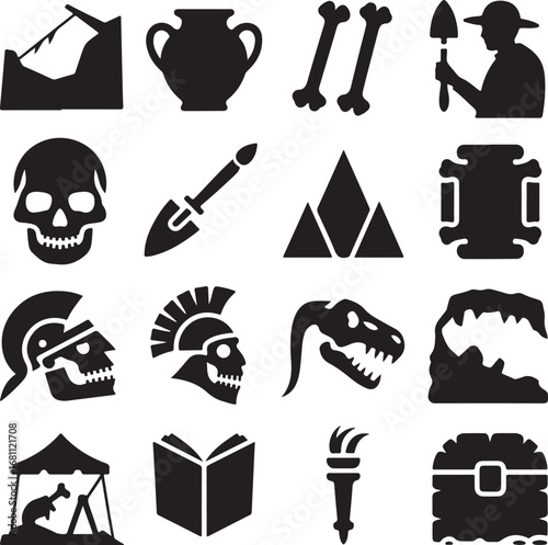 Archaeological and prehistoric symbols in black silhouette style Keywords: archaeology