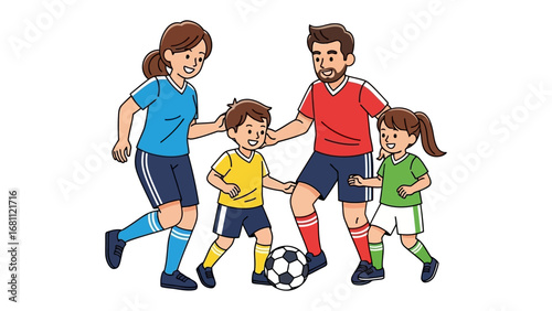 Family's Soccer Fun: A family enjoys a playful soccer moment, the ball at their feet, and a sense of joyful camaraderie. A vivid illustration