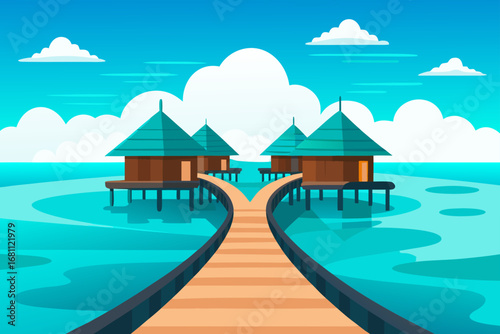 Tropical overwater bungalows with wooden walkway in turquoise water