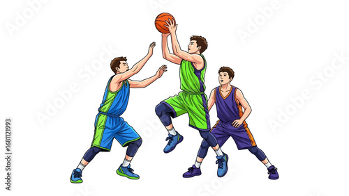 Basketball Action: A dynamic illustration capturing the essence of basketball, with players engaged in an intense game of hoops, showcasing skill and determination.