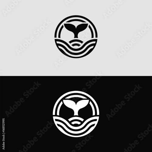 This captivating logo design features a stylized whale tail emerging from the ocean waves, enclosed in a circle, symbolizing the beauty and power of marine life, perfect for oceanthemed brands
