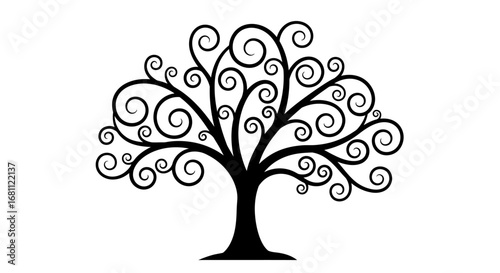 Elegant black silhouette of a stylized tree with swirling branches and leaves on a white background