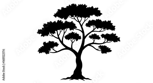 Silhouette of a majestic stylized tree with spreading branches and lush foliage against a white background