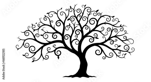 Elegant black silhouette of a swirling branch tree with intricate scrollwork on a white background