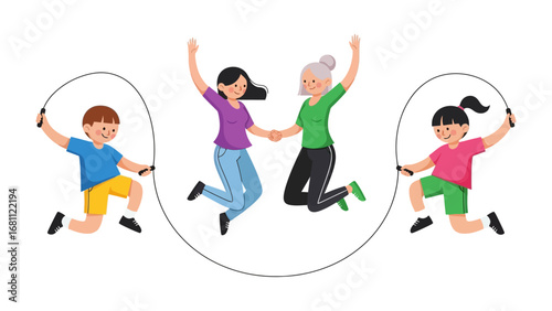 Joyful Jump: Capturing the essence of intergenerational bond through a vibrant illustration, we see a heartwarming scene of children and adults joyfully leaping with a jump rope.