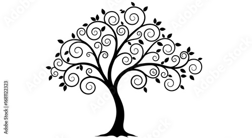 Elegant black silhouette of a stylized tree with swirling branches and decorative leaves on a white background