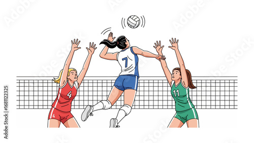 Volleyball match: A dynamic illustration captures the intensity of a volleyball game, with a player spiking the ball over the net, contested by two other players in a moment of high-flying action.