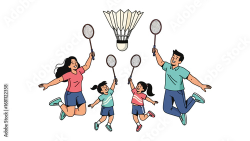 Family Badminton Fun: A vibrant illustration of a joyful family playing badminton, with the shuttlecock floating high, capturing the spirit of sport and togetherness.