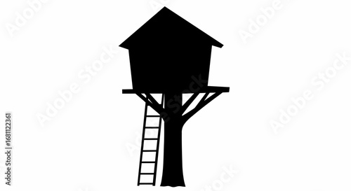 Silhouette of a rustic wooden treehouse with a ladder attached to a sturdy tree trunk