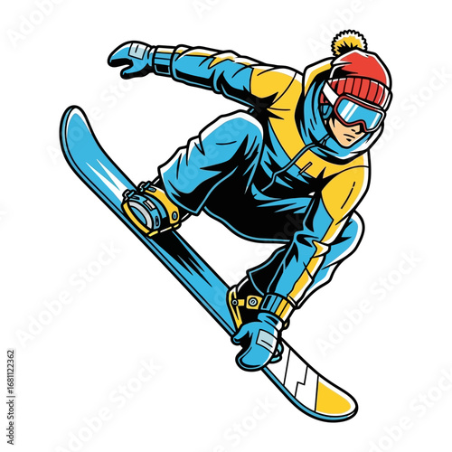 Snowboarder in Action: An illustration of a snowboarder in mid-air, embodying the excitement and skill of winter sports, the vivid artwork captures the dynamic energy and the thrill of the slopes.